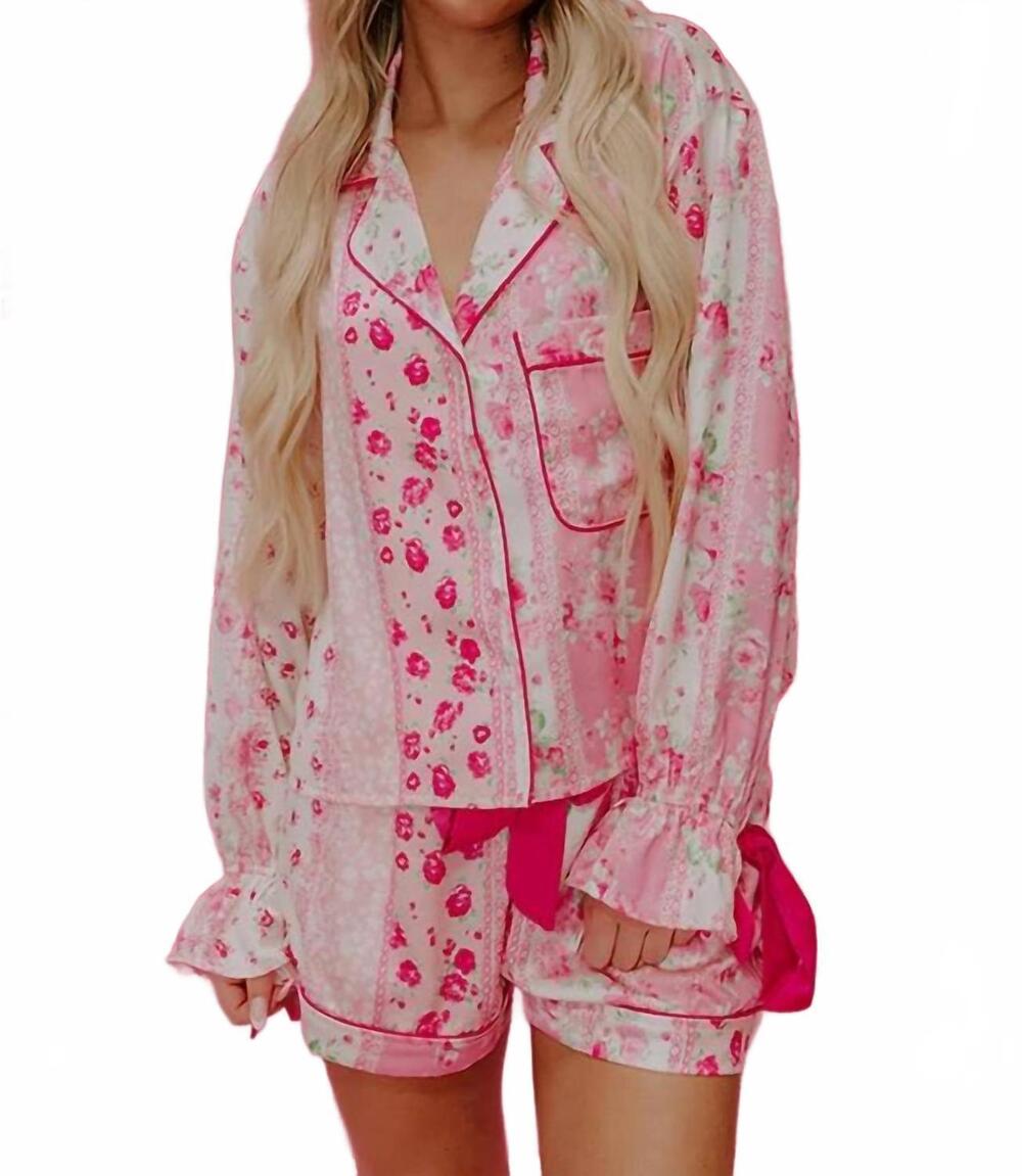 NEW IMPRESSION satin tie two-piece pajama set in pink